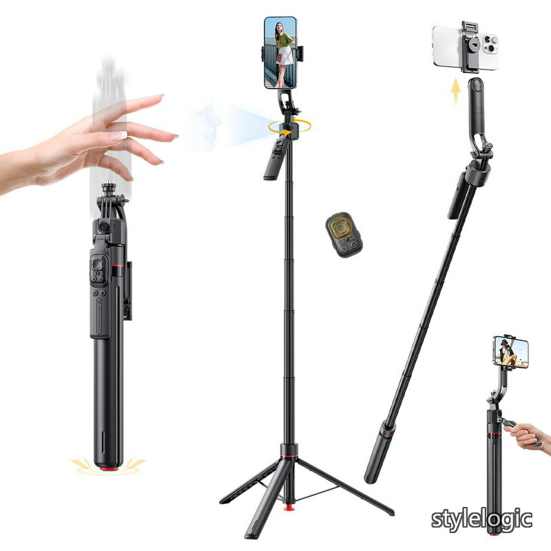 Rakuten - 【送料無料】AI自動追跡自撮り棒三脚 360°回転 自動三脚スマホスタンド AI顔認識 取り外し可能 リモコン付き 追従機能 ワンボタンで開く折りたたみ式スマホ三脚 TikTok/Vlog/iPhone/Android/カメラ/GoPro対応
