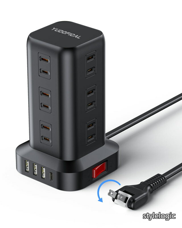 乐天商城 - 【送料無料】タワー型 延長コード 2m 12個ACコンセント 3個USB ポート 1個Type-C搭載 一括スイッチ 雷ガード 180回転 薄型プラグ コンパクト 卓上 テーブルタップ コンセントタップ おしゃれ PSE 認証済 黒