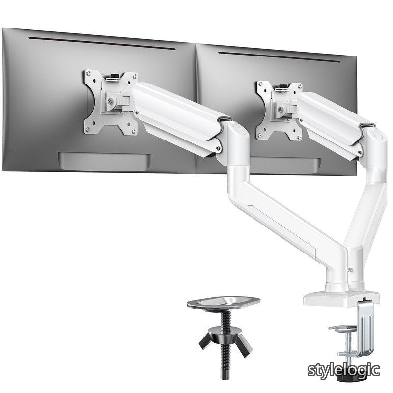 Rakuten - 【送料無料】モニターアーム デュアル 2画面 白 ホワイト 17〜32インチ対応 耐荷重10kg ガススプリング式 ディスプレイアーム PCアーム ロング VESA 75x75mm 100x100mm対応 クランプ式 グロメット式 多角度調節 配線収納