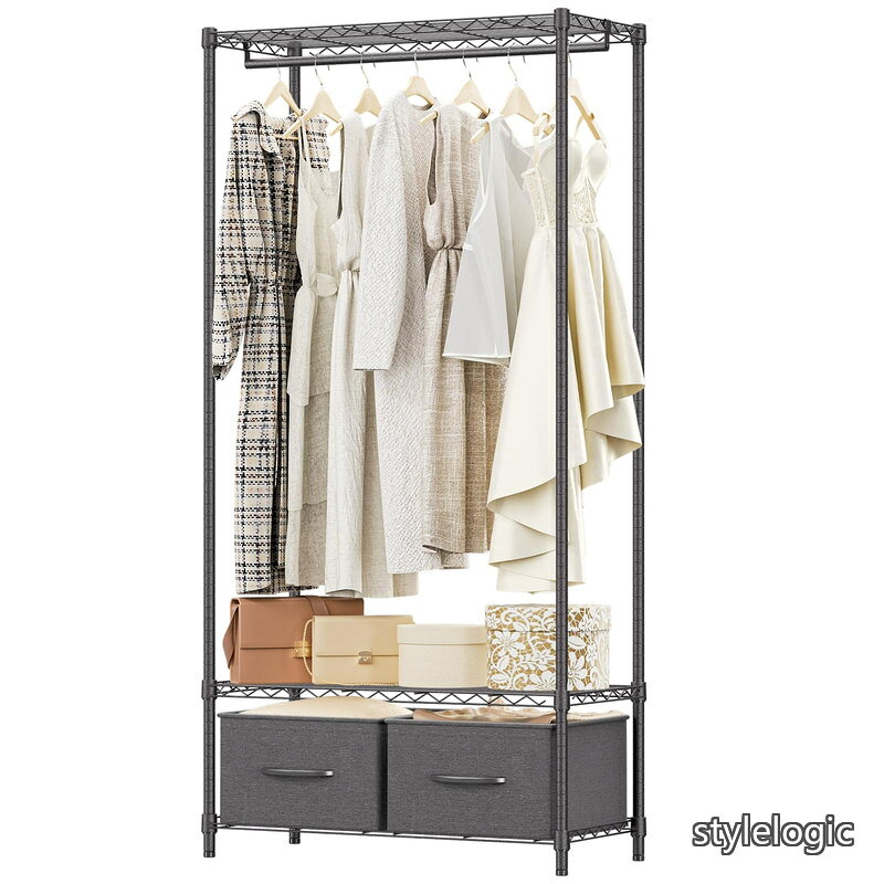 Rakuten - 【送料無料】ハンガーラック 3段 収納棚 ハンガーパイプ1本 多機能収納 洋服ラック 大容量 高耐荷重 耐久性 頑丈 衣類ラック ワイヤー 金属製自立式 防錆 押入れ 引き出し付き 幅90×奥行40×高さ184cm 管径25.4mm アジャスター おしゃれ 工具不要 ダークグレー