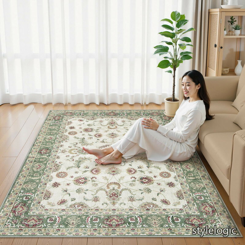 Rakuten - 【送料無料】カーペット 200х250cm 3畳 滑り止め ペルシャ風 ラグ 洗える オールシーズン適用 花柄 防音 耐磨耗性 軽量 抗菌防臭 リビング ダイニング アンティーク ラグマット グリーン