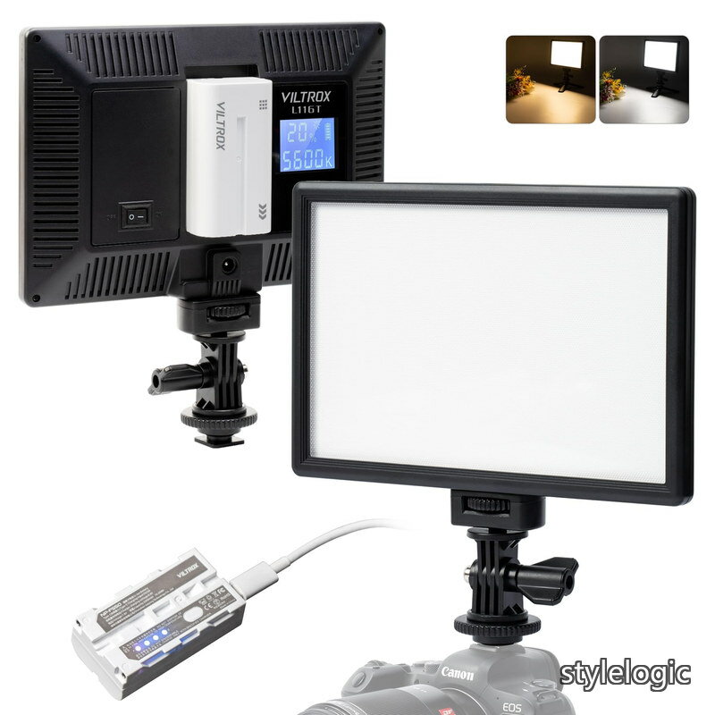 【送料無料】L116T LED ビデオライト（白np-f550バッテリー付き） 撮影ライトキット 超薄型LEDパネル 輝度と色温度調整可能 3300K-5600K CRI95+ 小物撮影 結婚式写真撮影 一眼レフカメラ対応