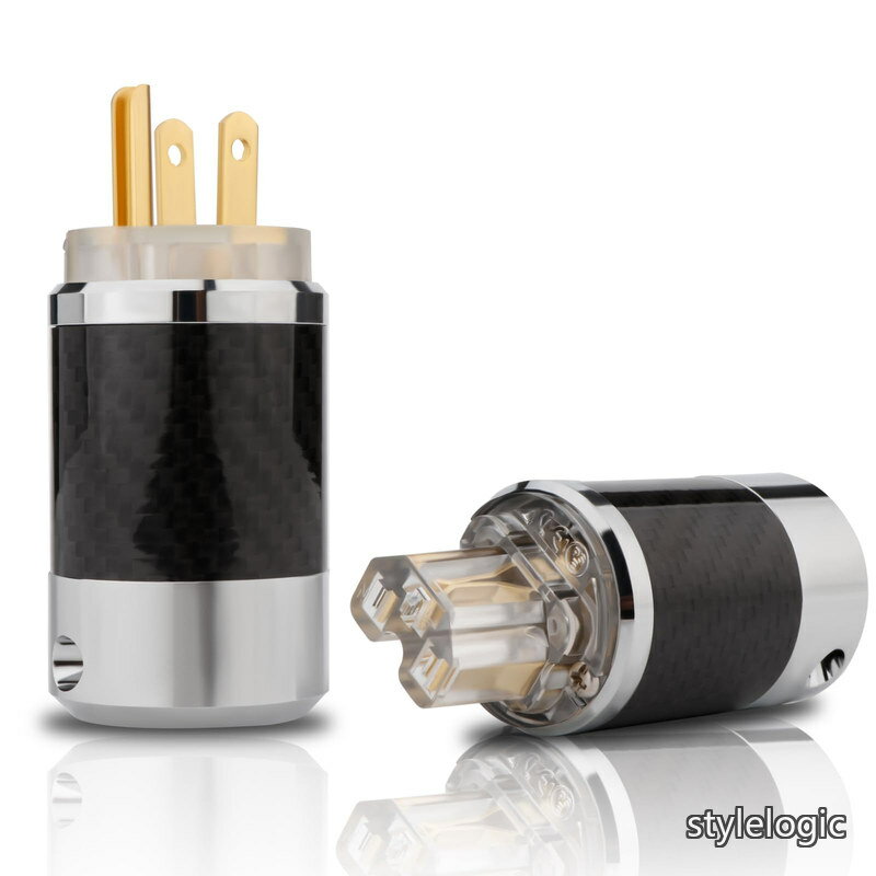 Rakuten - 【送料無料】オーディオ用電源プラグ 金メッキ 真鍮 カーボンファイバー製シェル 3ピン 電源コネクタ 15A 250V パワープラグ インレットプラグ IEC320C13コネクター ペアハイエンド オーディオグレード オーディオケーブル用（メス-オス）