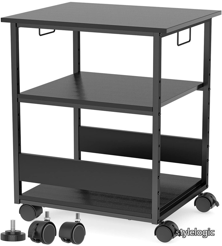 Rakuten - 【送料無料】[W60*D50*H70cm]プリンター台 キャスター付き パソコンラック 中棚高さ9段階調節 両側取っ手付き pcワゴン オーディオラック デスク下 収納 棚 木製 袖机 スリム オフィス 収納 オフィスワゴン (ブラック) 360度回転