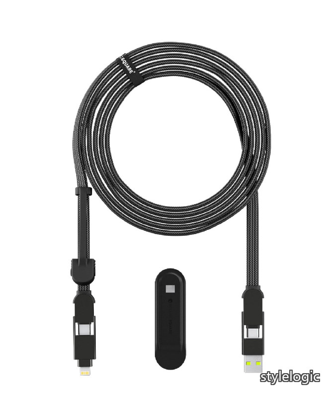 SquareinCharge XL 3m 充電ケーブル オーガナイザー付属 マルチUSBケーブル 6-in-1 100W 超高速充電 ロングケーブル スマホ タブレット ノートPC USB-C Lightning MicroUSB データ転送 高耐久 TPU素材 OTG電力転送 ローリングスクエア インチャージXL (
