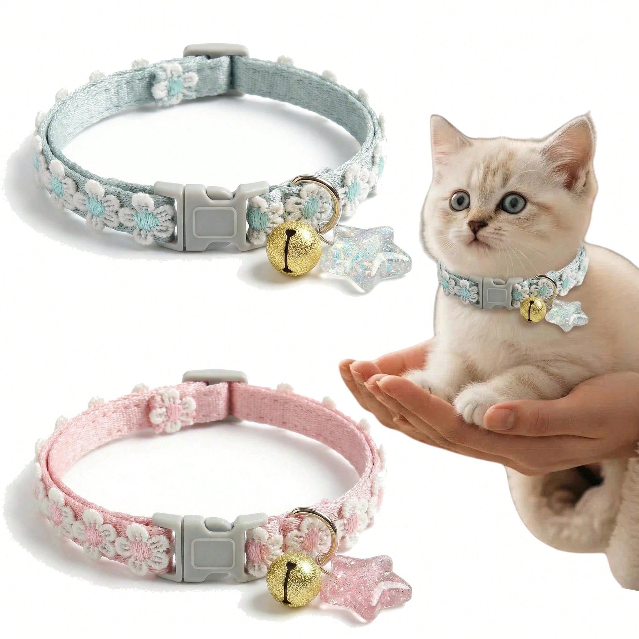 調整可能なPET首輪、星のオーナメントとベル付き、猫や小型犬に適したフラワーデコレーション