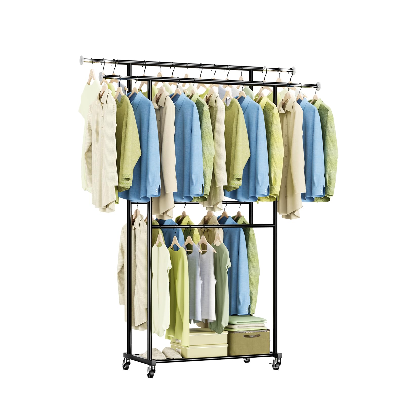 【まとめ買いで最大1000円OFFクーポン!】ハンガーラック キャスター付き＆棚板付き ダブルパイプハンガー 大容量 頑丈耐荷重180KG 服掛けハンガー クローゼット整理?衣類収納