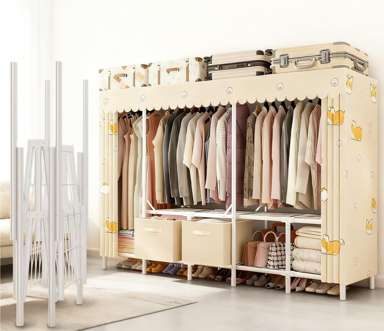【まとめ買いで最大1000円OFFクーポン!】ワードローブ クローゼット ハンガーラック 大容量 カバー付き 大容量 幅210x奥行き48x高さ172CM 折りたたみ式 衣類収納ラック 洋服棚