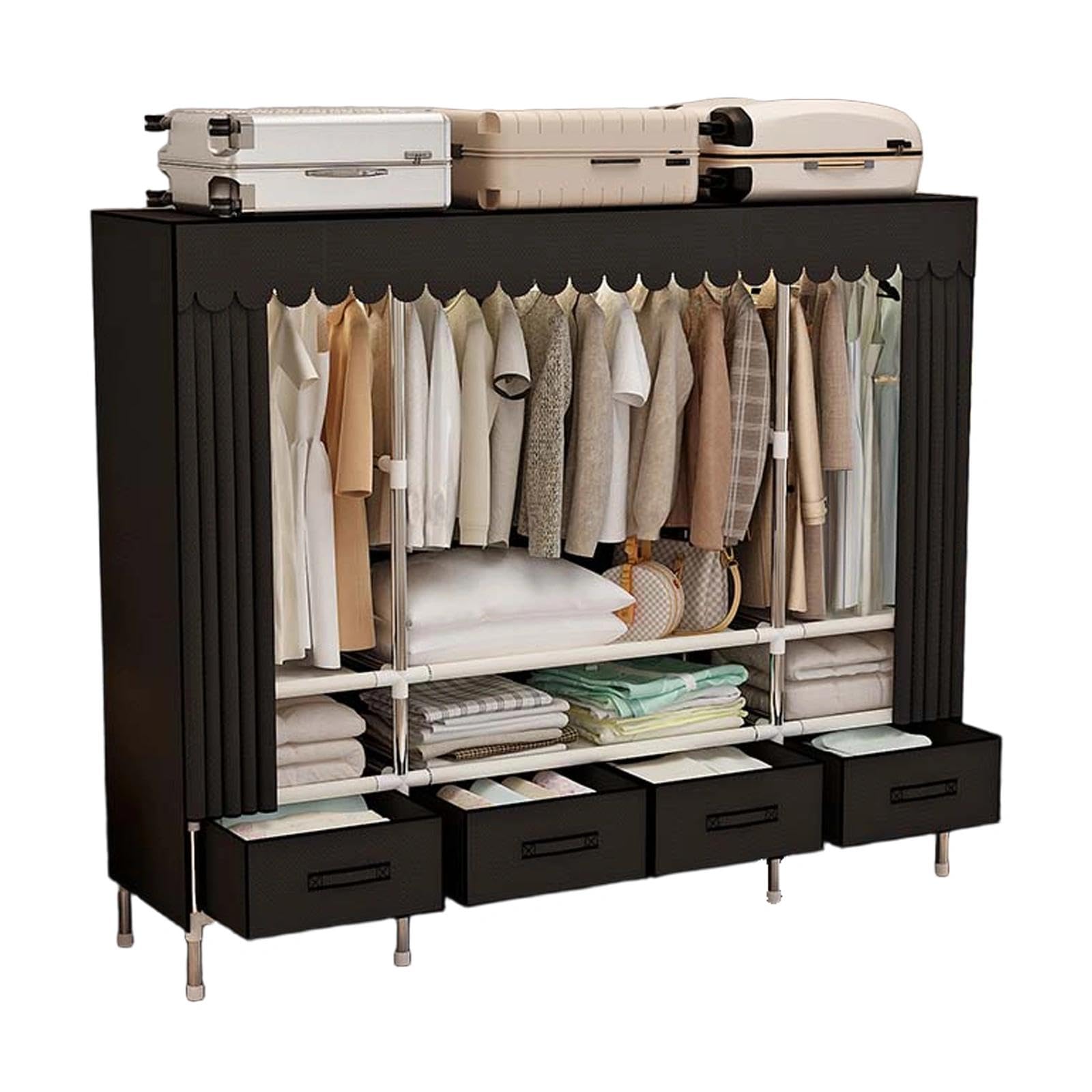 【簡単組み立てクローゼット】 ドライバー不要の設計で、誰でも簡単に組立可能な簡易クローゼット。寝室でもスムーズに設置できるワードローブ clothes cabinetです【防塵カバー付き設計】 カバー付きハンガーラック、前面に不織布キャビネ...