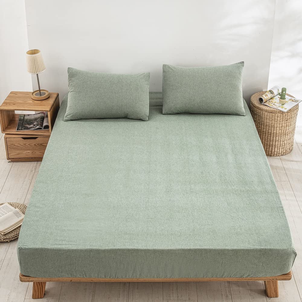 【まとめ買いで最大1000円OFFクーポン!】ワイドキング 200x200x30cm オーガニックコットン 洗いざらしの綿100% ベッドシーツ BOXシーツ 防ダニ グリーン [2]