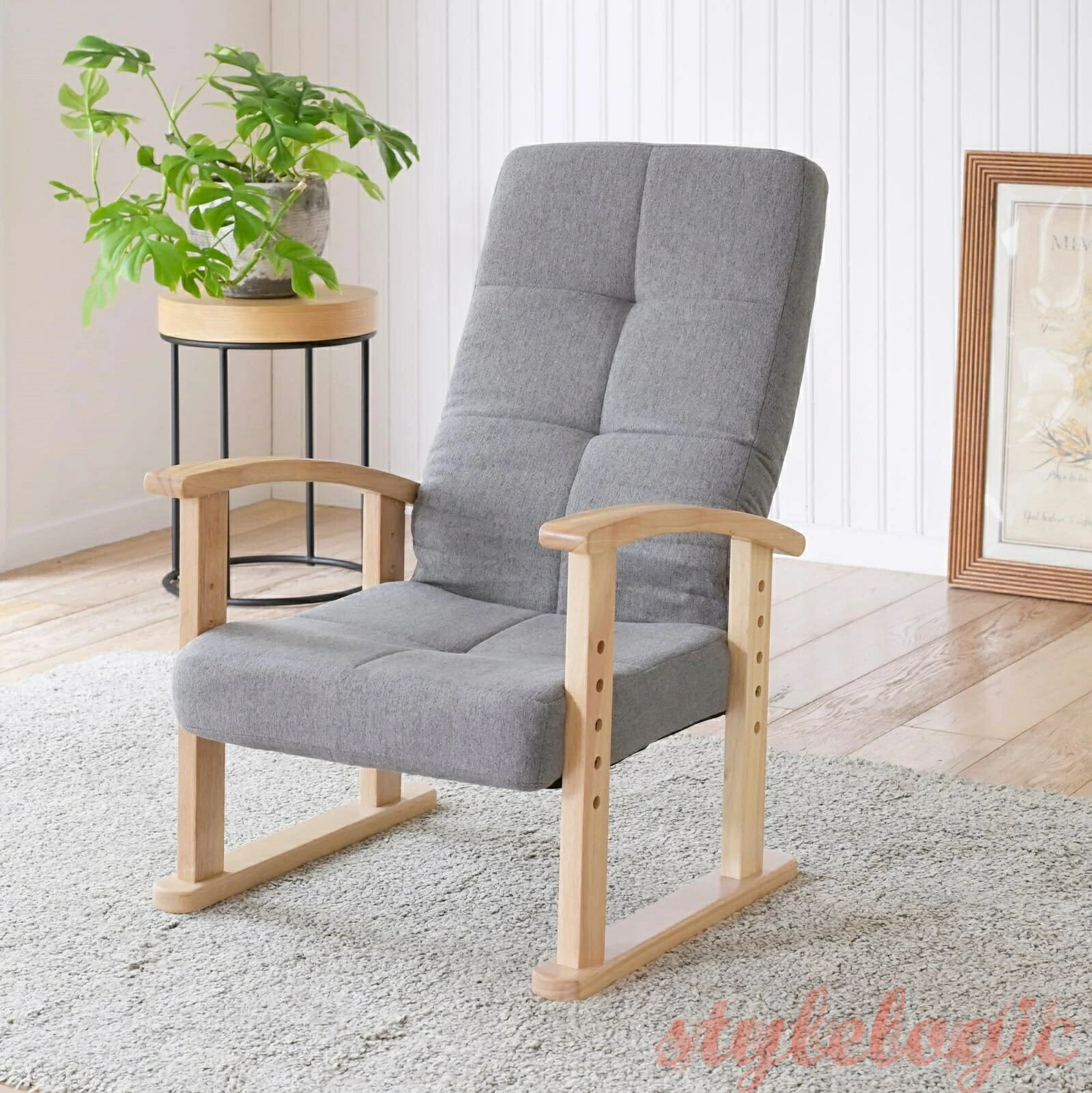 【送料無料】高座椅子 リクライニング (背部3段階) 高さ調節(4段階) 折りたたみ 座椅子 リクライニングチェア 幅54×奥行57-80×高さ73-94cm チェア 組立品 グレー/ナチュラル