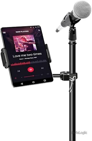 アルミニウム製 iPadホルダー マイクスタンド用 サイドマウント 360°回転＆角度調整可能 4〜13インチタブレット対応 スマホ・iPhone・Android対応 音楽スタンドホルダー 軽量 頑丈 工具不要 簡単設置