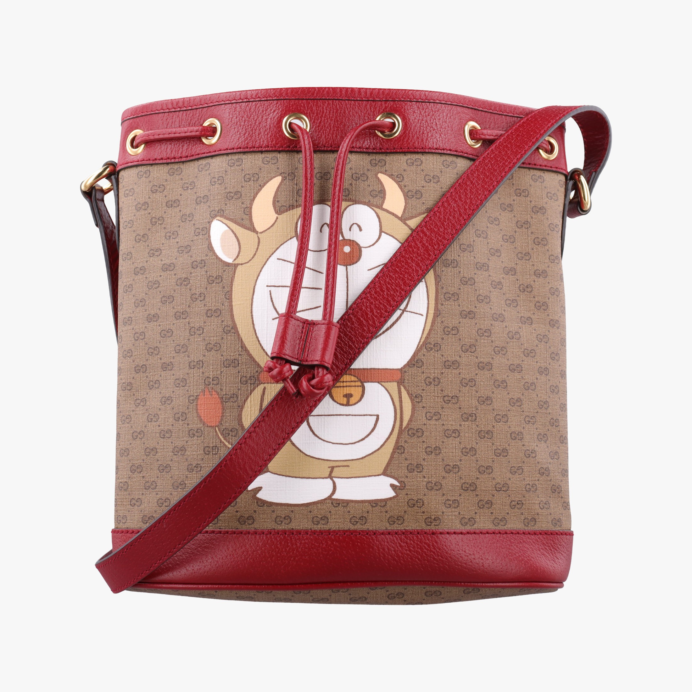 【中古】グッチGucciドラえもんコラボ ブラウンxレッド PVCコーティングキャンバス...