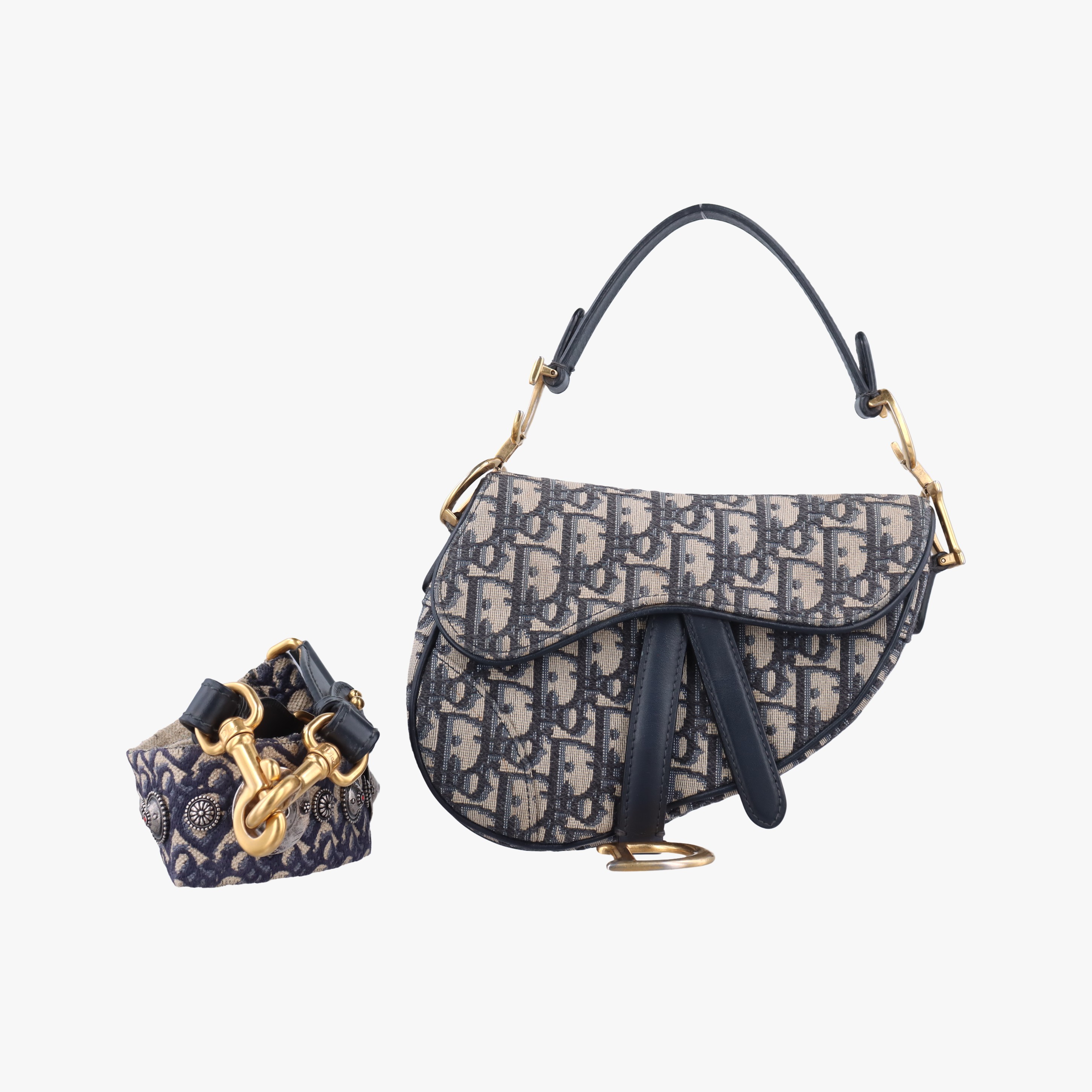 【中古】クリスチャンディオールChristian Diorサドル ネイビー×グレー ジャガード 05-RU-1108