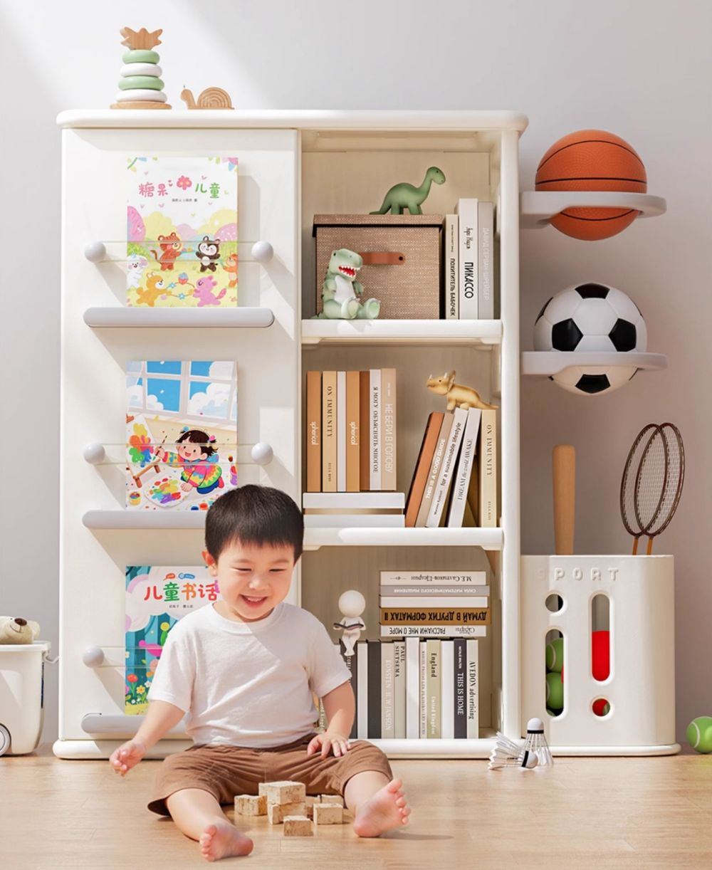 子ども用収納キャビネット おもちゃ収納 本棚 スライド扉付き 大容量 HDPE素材 安全 北欧風 おしゃれ 幼稚園 リビング 絵本ラック ボールラック付き 組立簡単