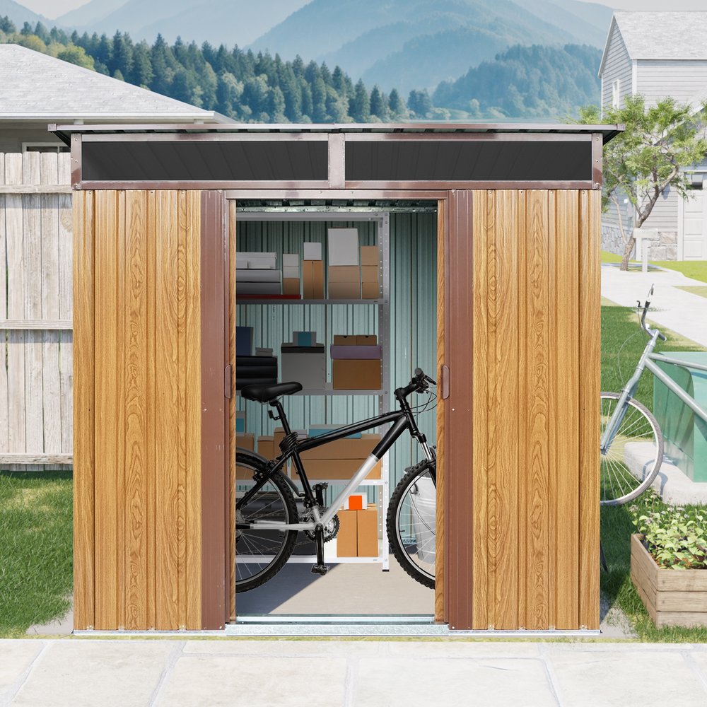 樂天商城 - 物置 ブラウン 屋外 大型 幅195×奥行150×高さ180cm スチール製 換気口 引き戸 防水 防錆 屋外収納庫 倉庫 ガーデン収納 自転車置き場 工具収納