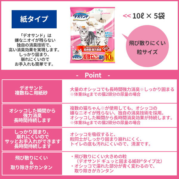 [ケース] 国産　デオサンド　複数ねこ用紙砂　10L × 5袋猫砂　ネコ砂　紙タイプ　紙砂　消臭　固まる紙砂　日本製　トイレ　サンド　固まる　砂　ユニ・チャーム　ユニチャーム 2