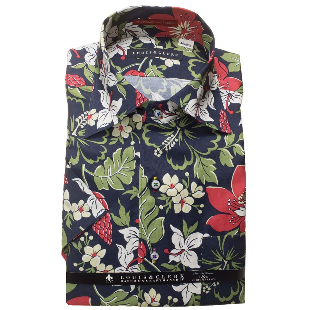 Wide Collar - 国産半袖ドレス・アロハシャツ ワンピースワイドカラー レーヨン100％ トロピカルデザインプリント ネイビー