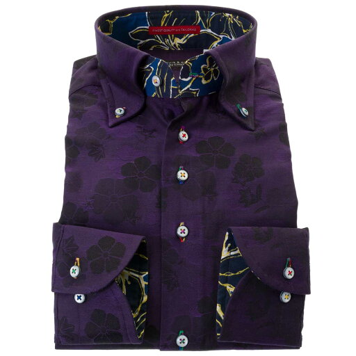 国産長袖 綿100% ドレスシャツ ボタンダウン コンフォート 胸ポケット無 ダークパープル ジャガード織柄 桔梗 家紋 【OUTLETS】 25FA 2509ft