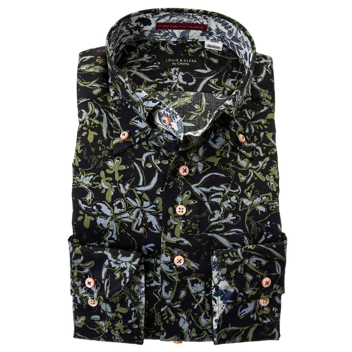 国産 長袖 綿100％ ドレスシャツ レギュラーフィット ボタンダウン プリント生地 フラワー 花柄 ネイビー 胸ポケット有 2409ft