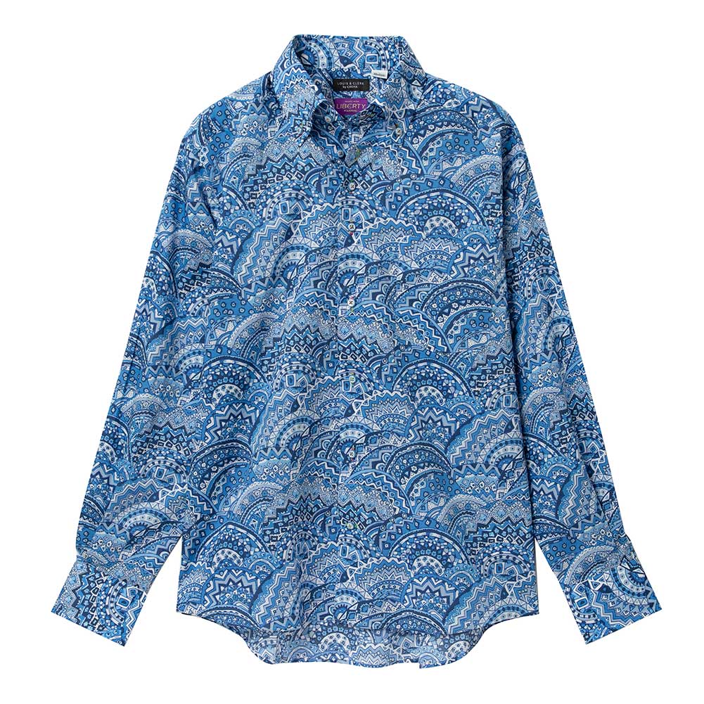 リバティプリント ニュートン タナローン ＜Newton＞ ブルー 幾何柄 花 フラワー 国産 長袖 綿100％ ドレスシャツ ボタンダウン レギュラーフィット 2409ft