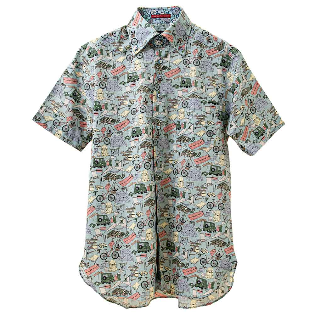 国産 半袖 綿100％ ドレスシャツ ボタンダウン レギュラーフィット キャンプ テント アウトドア おしゃれ プリント 胸ポケット有