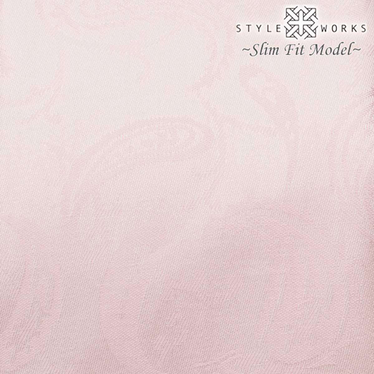 ドレスシャツ 長袖 綿100% スリムフィット ボタンダウン パステルピンク ジャガード織ペイズリー柄 メンズ【OUTLETS】