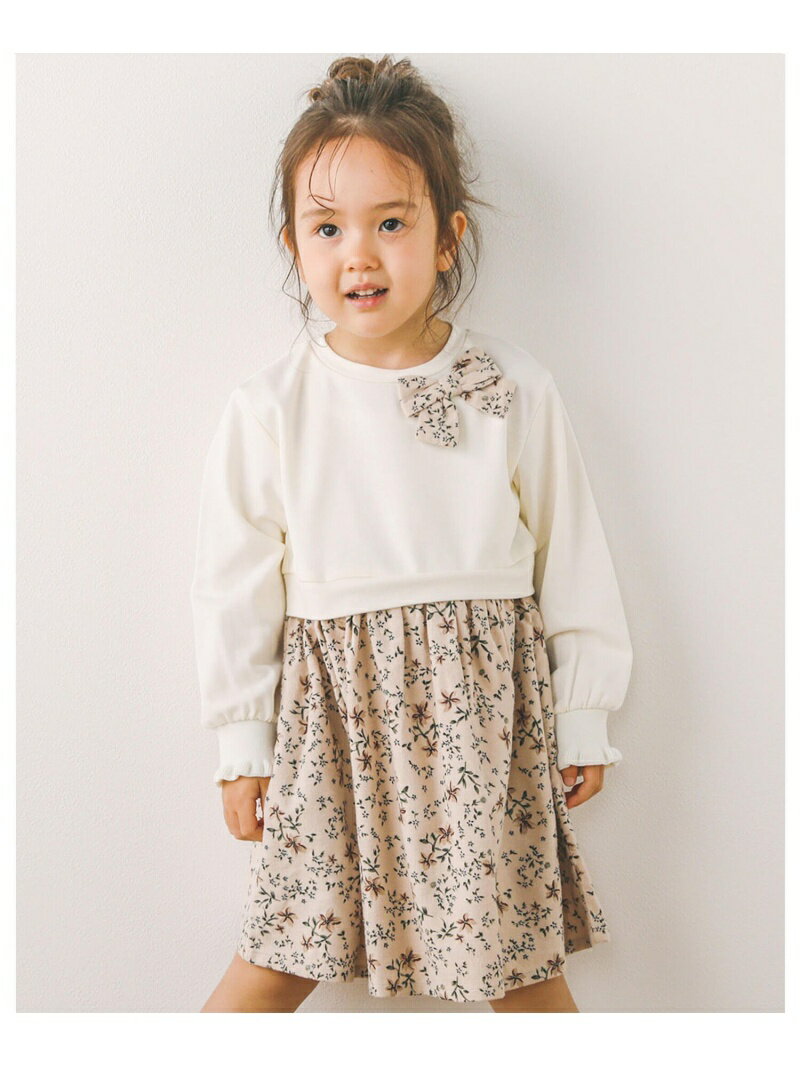 【SALE／60%OFF】SLAP SLIP リボン 花柄 ドッキング 袖 フリル ワンピース (80~130cm) ベベ オンライン ストア ワンピース・ドレス シャツワンピース ホワイト グリーン【RBA_E】のサムネイル