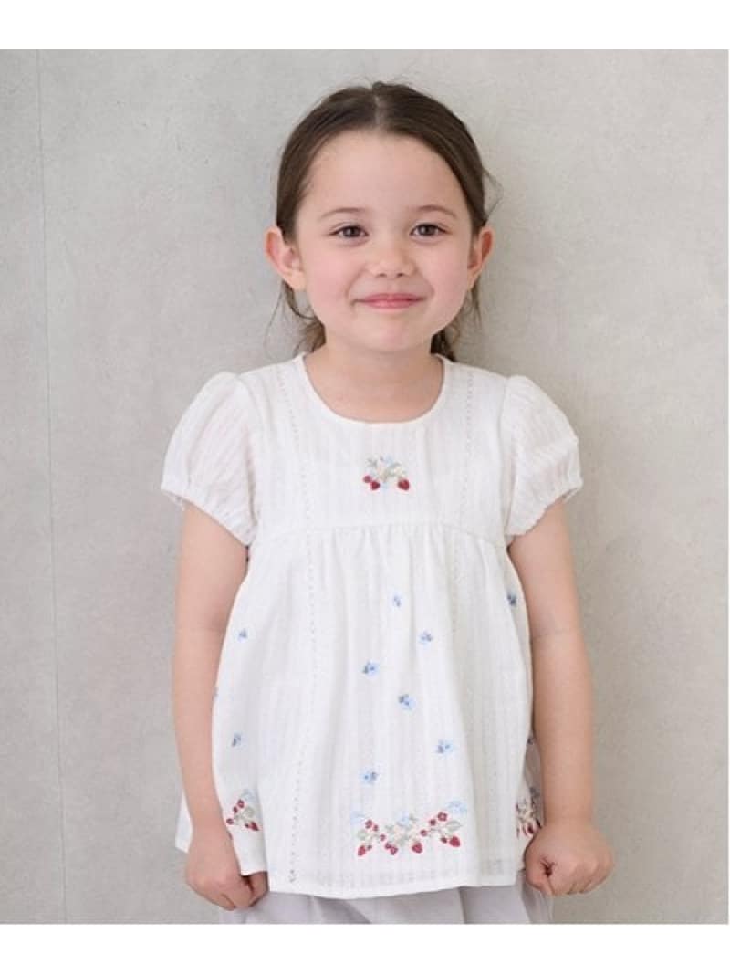 petit main 【リンク】いちご刺しゅうパフチュニック(キッズ) ナルミヤオンライン ワンピース・ドレス チュニック ブルー ピンク ホワイト