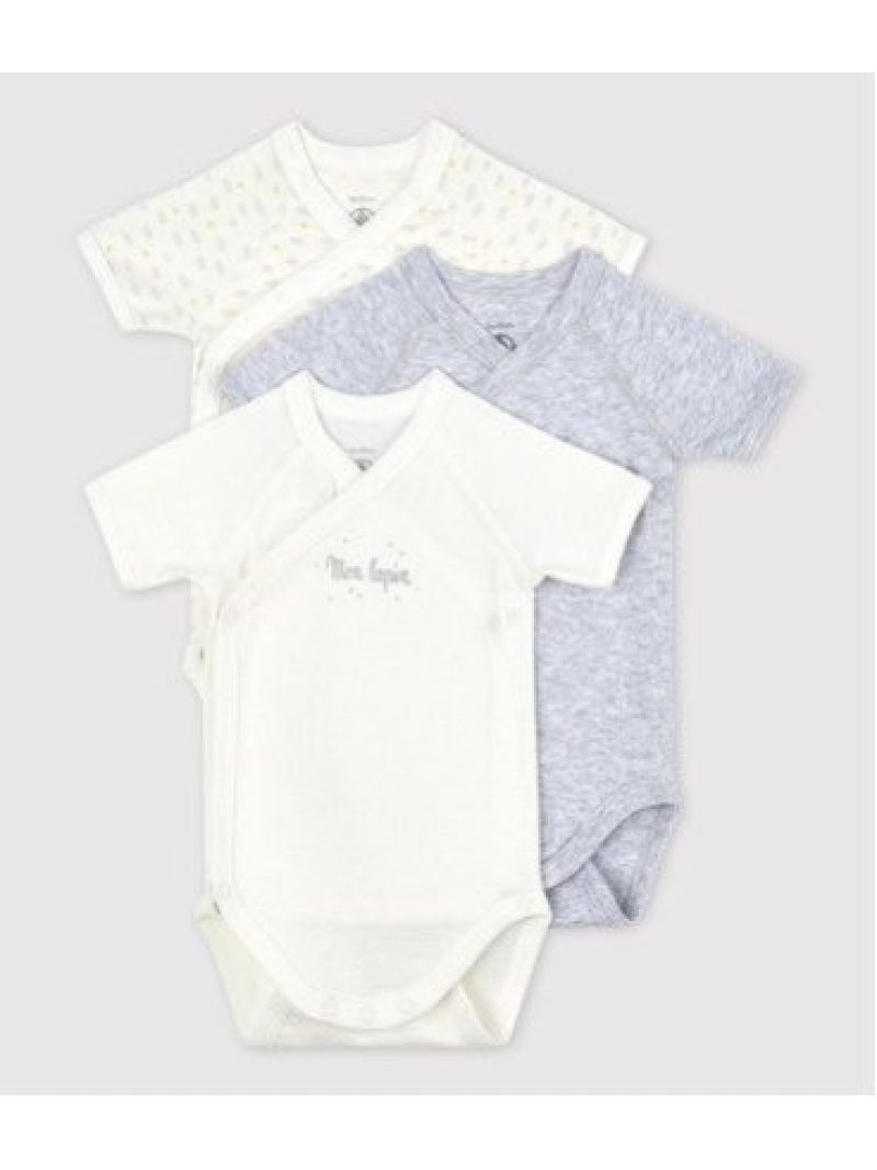 PETITBATEAU(K)プリント半袖あわせボディ3枚組プチバトーマタニティー/ベビーロンパース/カバーオールホワイト【送料無料】