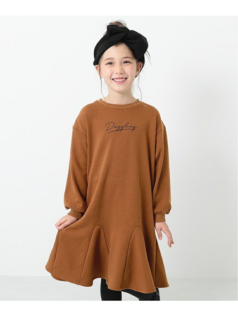 devirock 裏シャギー裾フレアワンピース 長袖 長そで スウェット ロゴ ワンポイントデビロック 子供服 キッズ デビロック ワンピース 長袖ワンピース ブラウン ブラック ブルー パープル