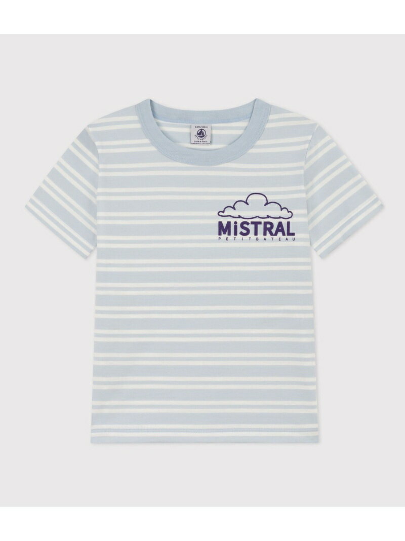 PETIT BATEAU（プチバトー）ボーダー半袖Tシャツロゴプリントと空にただよう雲のプリントを揃えた半袖Tシャツです。さらりとした肌触りが快適な着心地を実現するコットンジャージ素材を使用。デニムなどと相性抜群なボーダーが印象的な一枚。通...