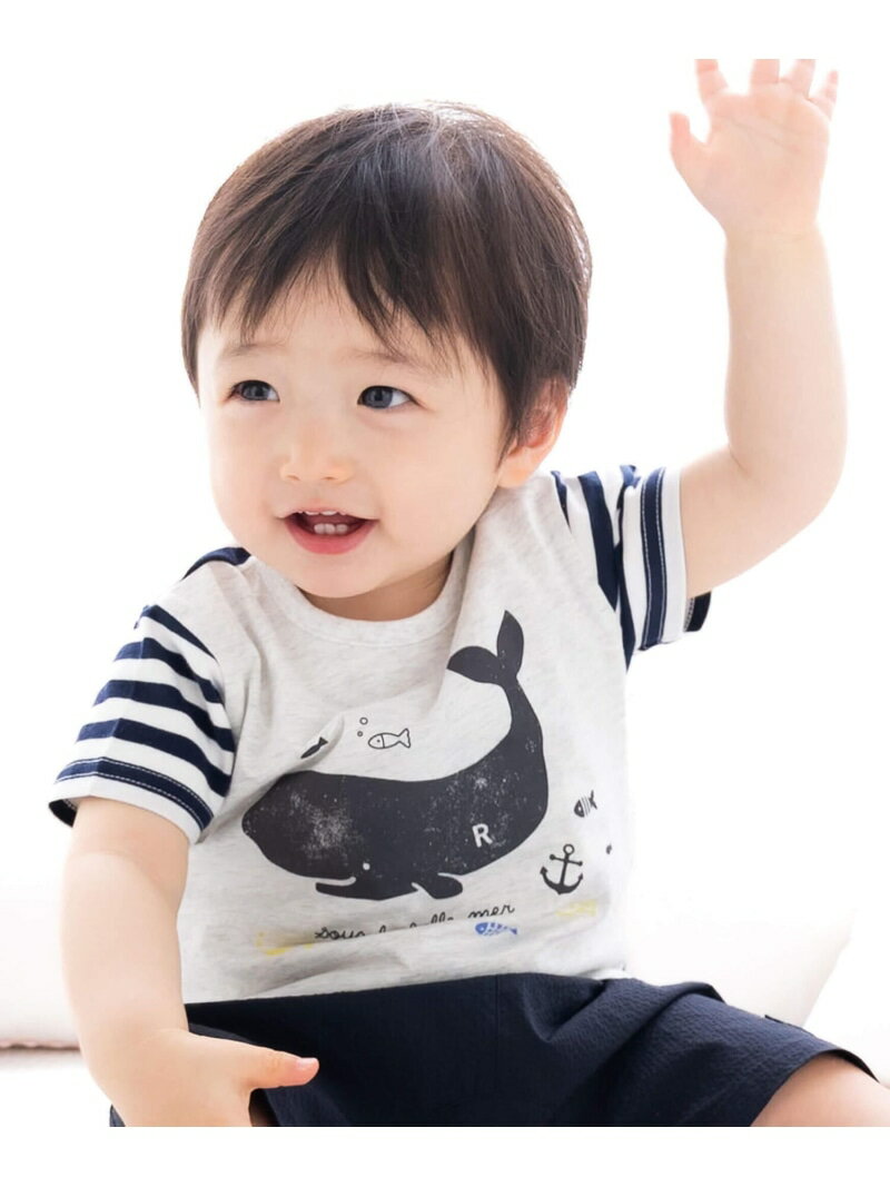 ベベ　ベビー服 fillot de bebe reduction ボーダークジラTシャツ(70~90cm) ベベ オンライン ストア マタニティウェア・ベビー用品 ロンパース・カバーオール ネイビー ブルー【送料無料】