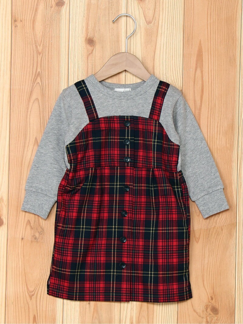 【SALE／50%OFF】b・ROOM チェック×裏毛ドッキングワンピース ナルミヤオンライン ワンピース・ドレス その他のワンピース・ドレス レッド ブラック グリーン【RBA_E】のサムネイル