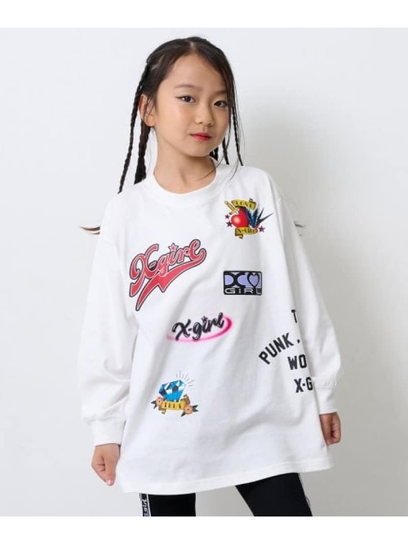 X-girl Stages 【TBSドラマ フェイクマミー 着用アイテム】MIXロゴ長袖Tシャツ ナルミヤオンライン トップス カットソー・Tシャツ ホワイト ピンク【送料無料】のサムネイル
