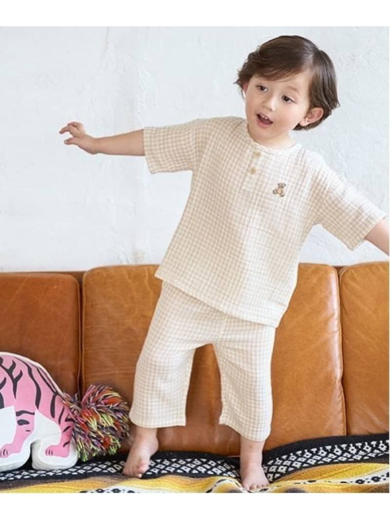 【SALE／40%OFF】petit main 【リンク】くま刺しゅうWガーゼパジャマ(キッズ) ナルミヤオンライン インナー・ルームウェア パジャマ ブルー ベージュ【RBA_E】のサムネイル