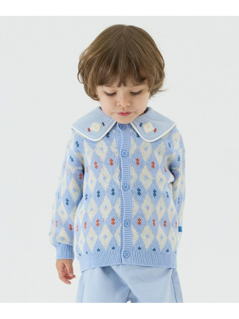 moimoln ダイヤ柄長袖ニットカーディガン モイモルン トップス カーディガン ブルー【送料無料】