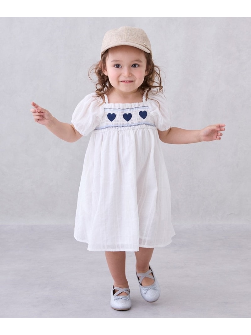 【SALE／10%OFF】petit main ハートスモッキングワンピース ナルミヤオンライン ワンピース・ドレス ワンピース ホワイト ブルー【RBA_E】のサムネイル