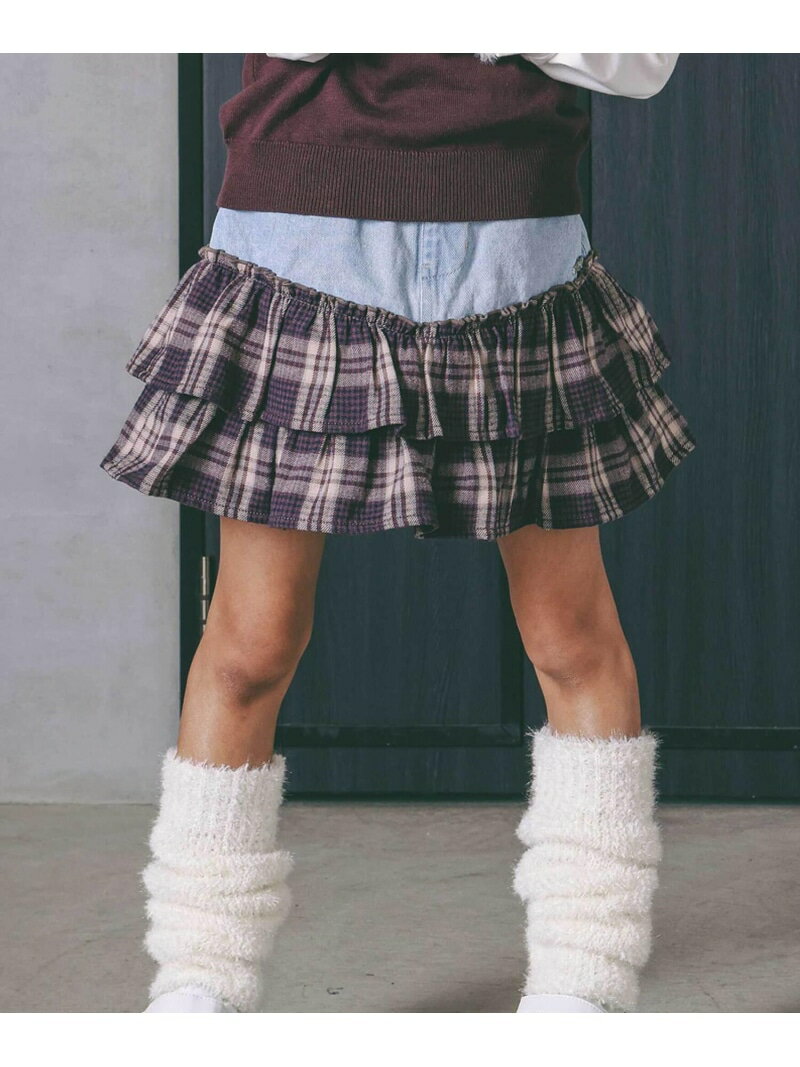 nexchic チェックフリル切り替えデニムスカパン(110~150cm) ベベ オンライン ストア パンツ キュロット ブルー ネイビー【送料無料】