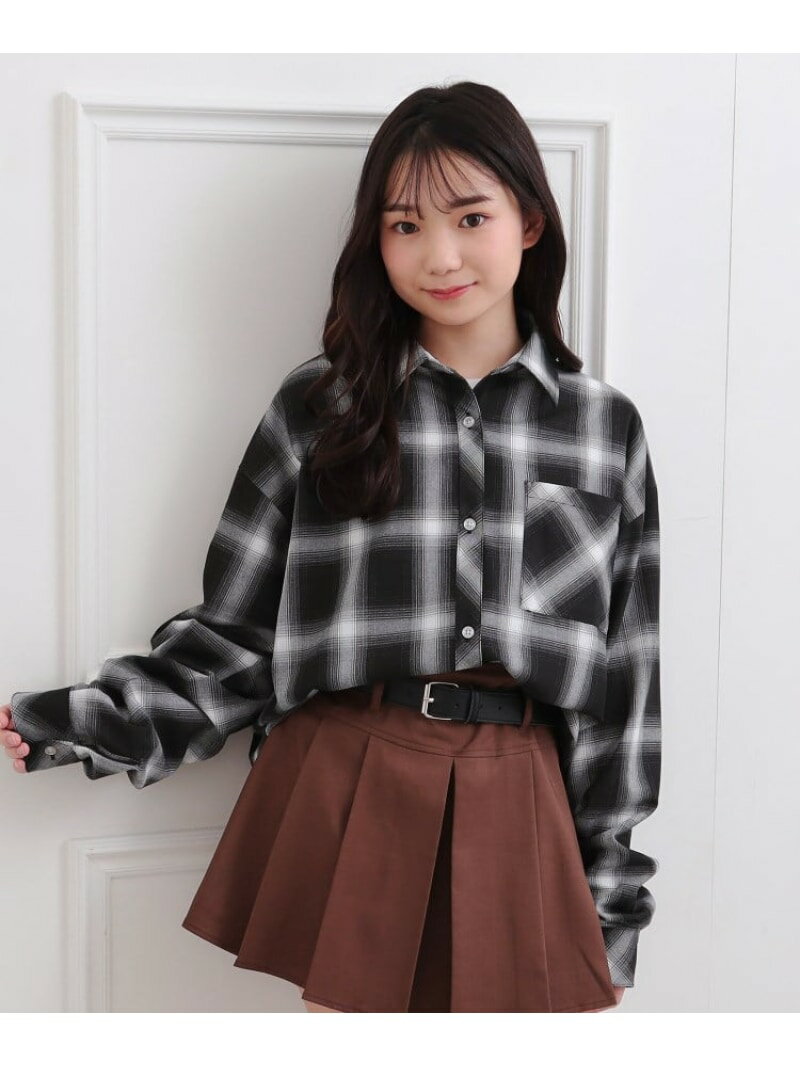 PINK-latte ルーズチェックシャツ+ロンT ピンク ラテ トップス アンサンブル ブラック ブラウン【送料..