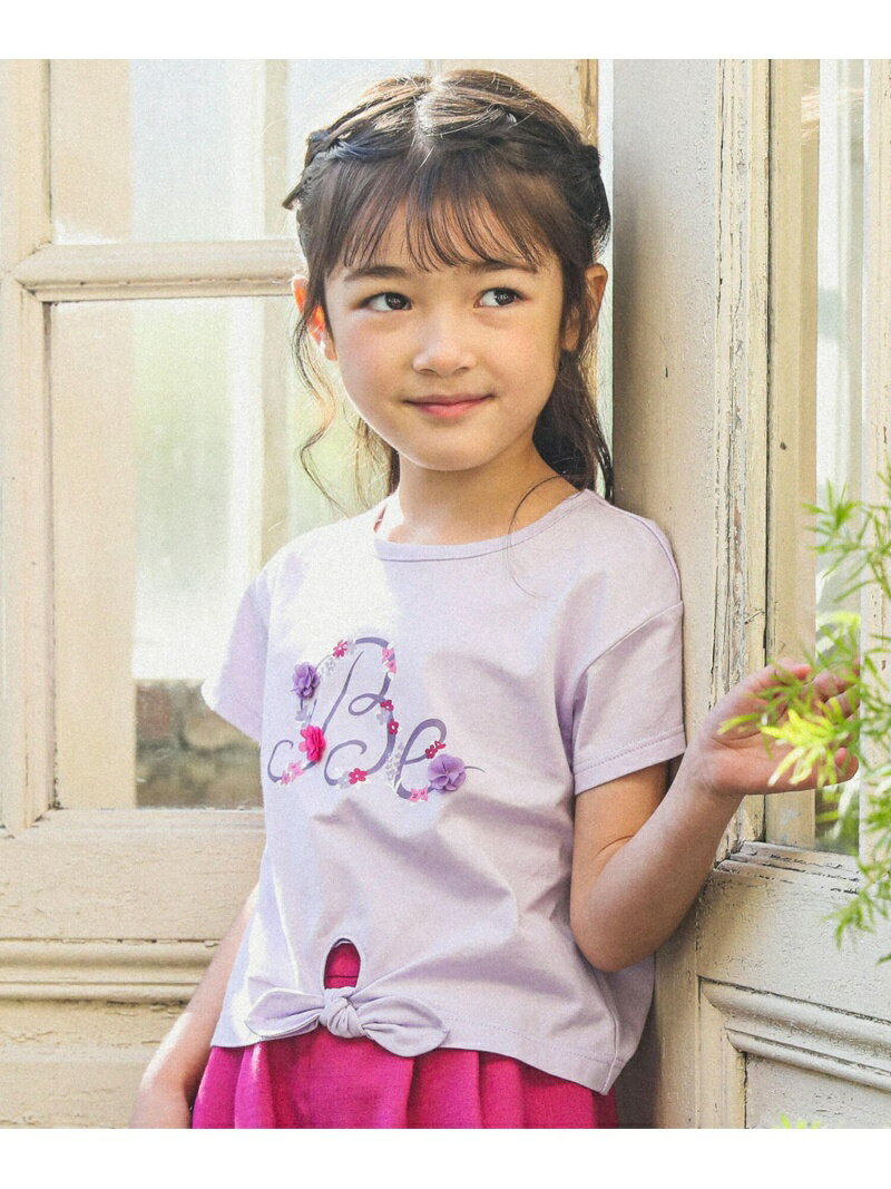 【SALE／50%OFF】BeBe フラワーロゴプリント裾結びTシャツ(90~150cm) ベベ オンライン ストア トップス カットソー・Tシャツ パープル グリーン【RBA_E】