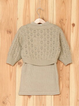 【SALE/50%OFF】petit main ニットトップス+テレコOPセット ナルミヤオンライン カットソー キッズカットソー ベージュ グリーン【RBA_E】