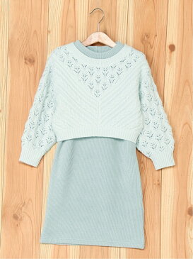 【SALE/50%OFF】petit main ニットトップス+テレコOPセット ナルミヤオンライン カットソー キッズカットソー ベージュ グリーン【RBA_E】
