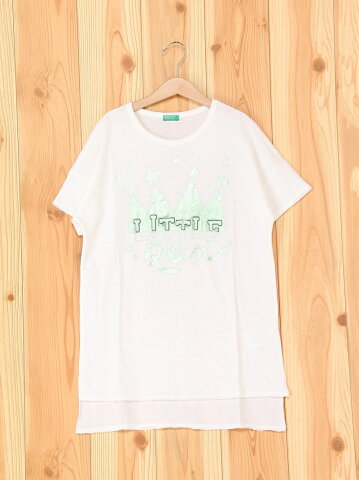 【SALE／50%OFF】BENETTON (UNITED COLORS OF BENETTON) (K)KIDSオーガニックコットングリッター半袖Tシャツ・カットソー ベネトン(ユナイテッド カラーズ オブ ベネトン) カットソー キッズカットソー ホワイト ピ【RBA_E】