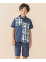 BeBe Petits Pois Vert チェック&無地切り替え半袖シャツ+ハーフパンツセットアップ(95~150cm) ベベ オンライン ストア スーツ・フ...