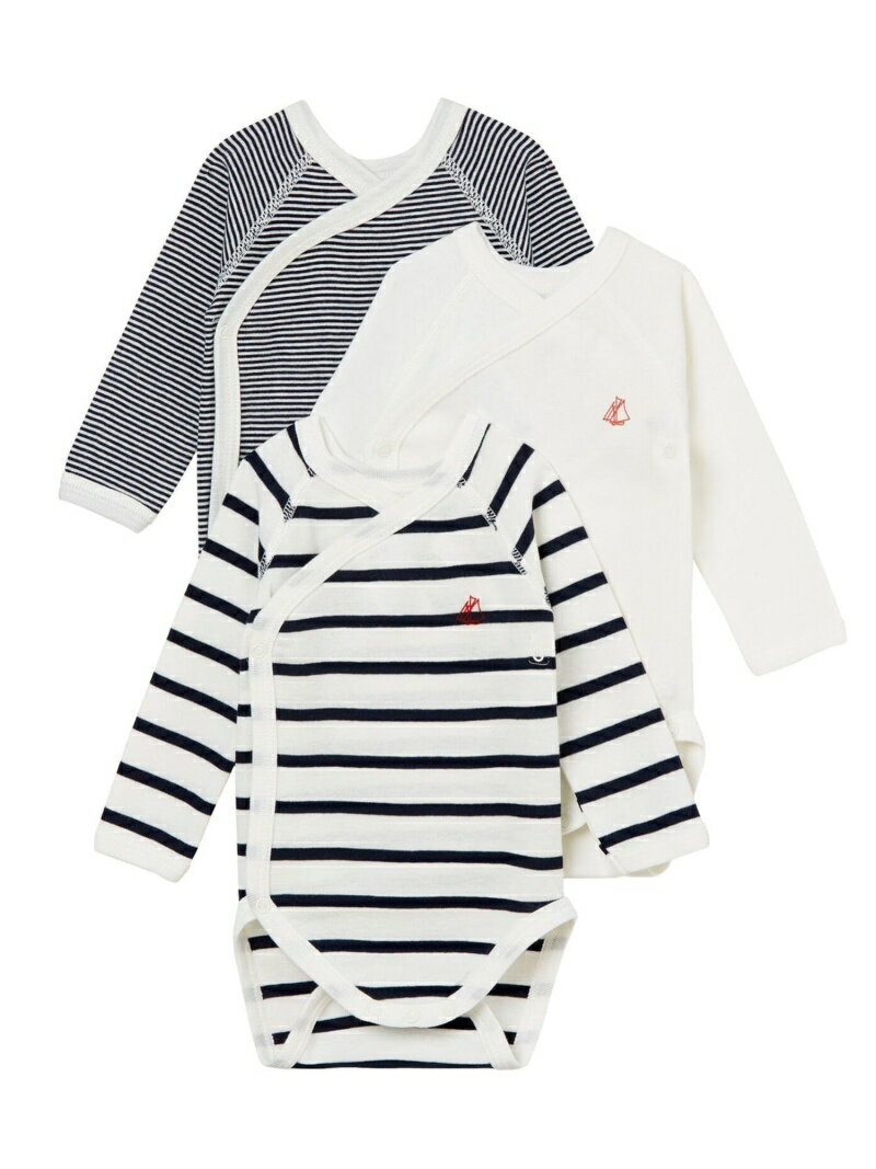 PETIT BATEAU (K)マリニエール長袖あわせボディ3枚組 プチバトー マタニティウェア・ベビー用品 ロンパース・カバーオール ホワイト【送料無料】のサムネイル