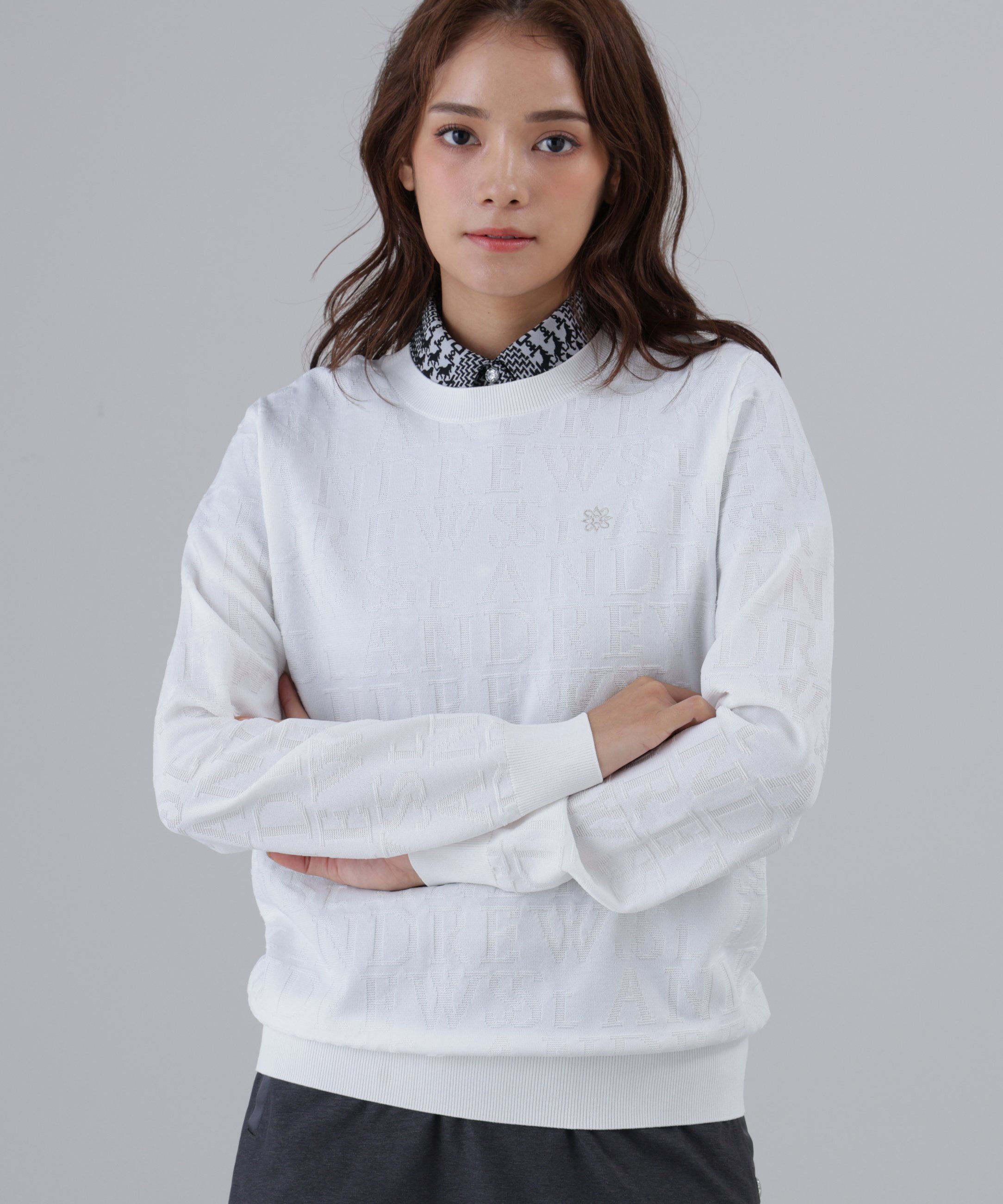 St ANDREWS ダブルロゴジャガードクルーネックニットプルオーバー (WOMENS) セントアンドリュース トップス ニット ホワイト イエロー ブラック