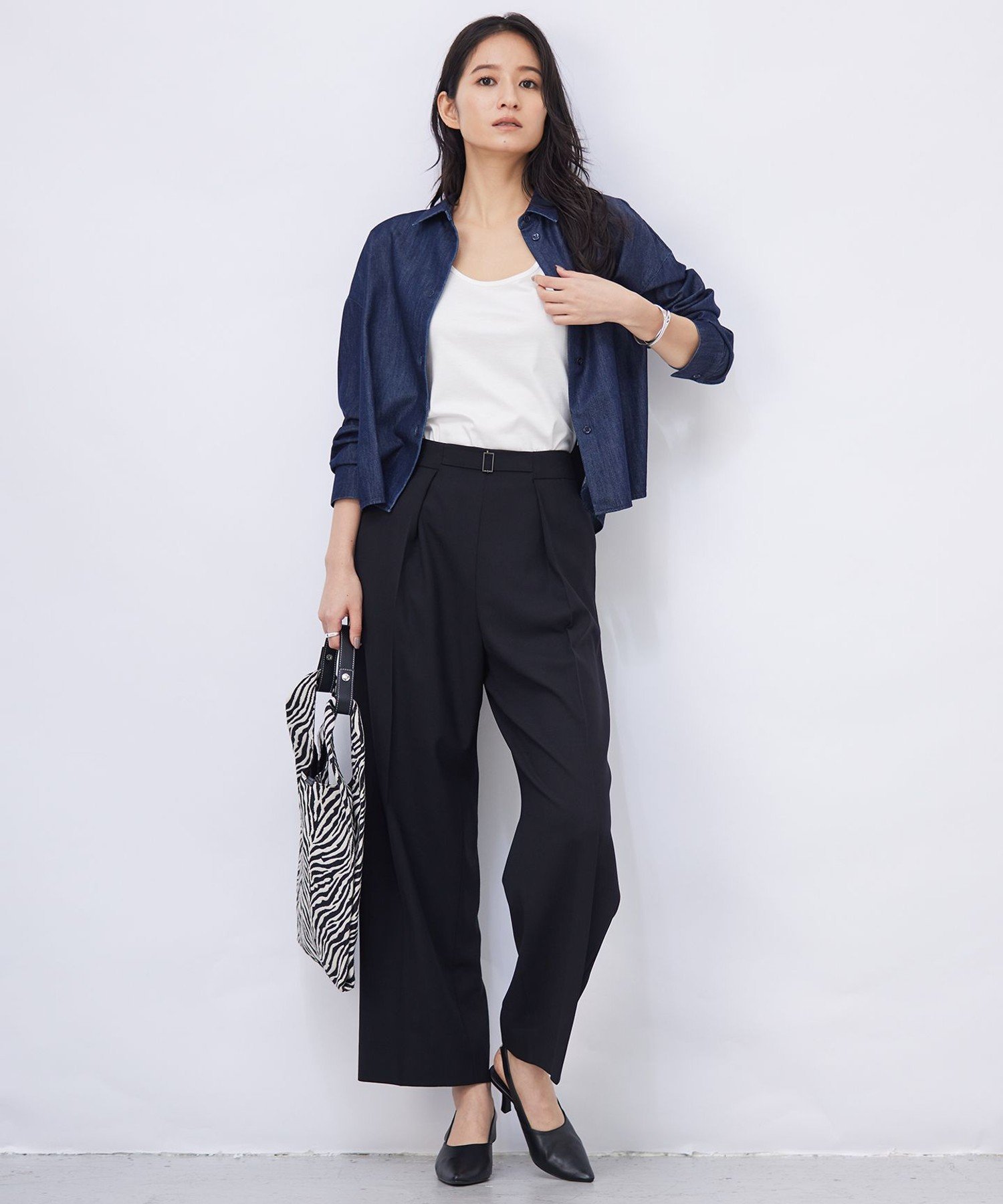 ICB L 【洗える】コットンリヨセルデニム クロップドシャツ アイシービー トップス シャツ・ブラウス ブルー