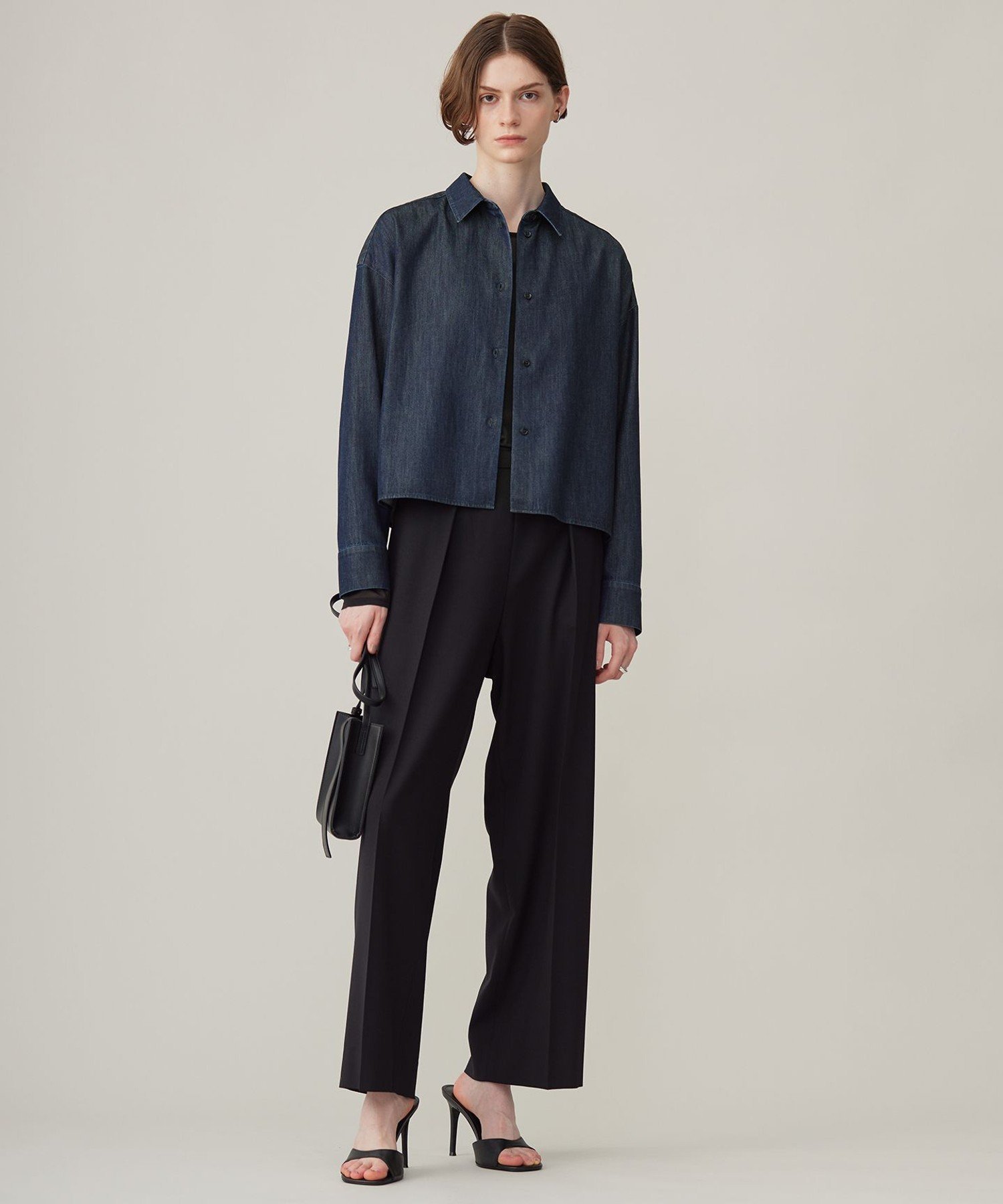 ICB L 【洗える】コットンリヨセルデニム クロップドシャツ アイシービー トップス シャツ・ブラウス ブルー