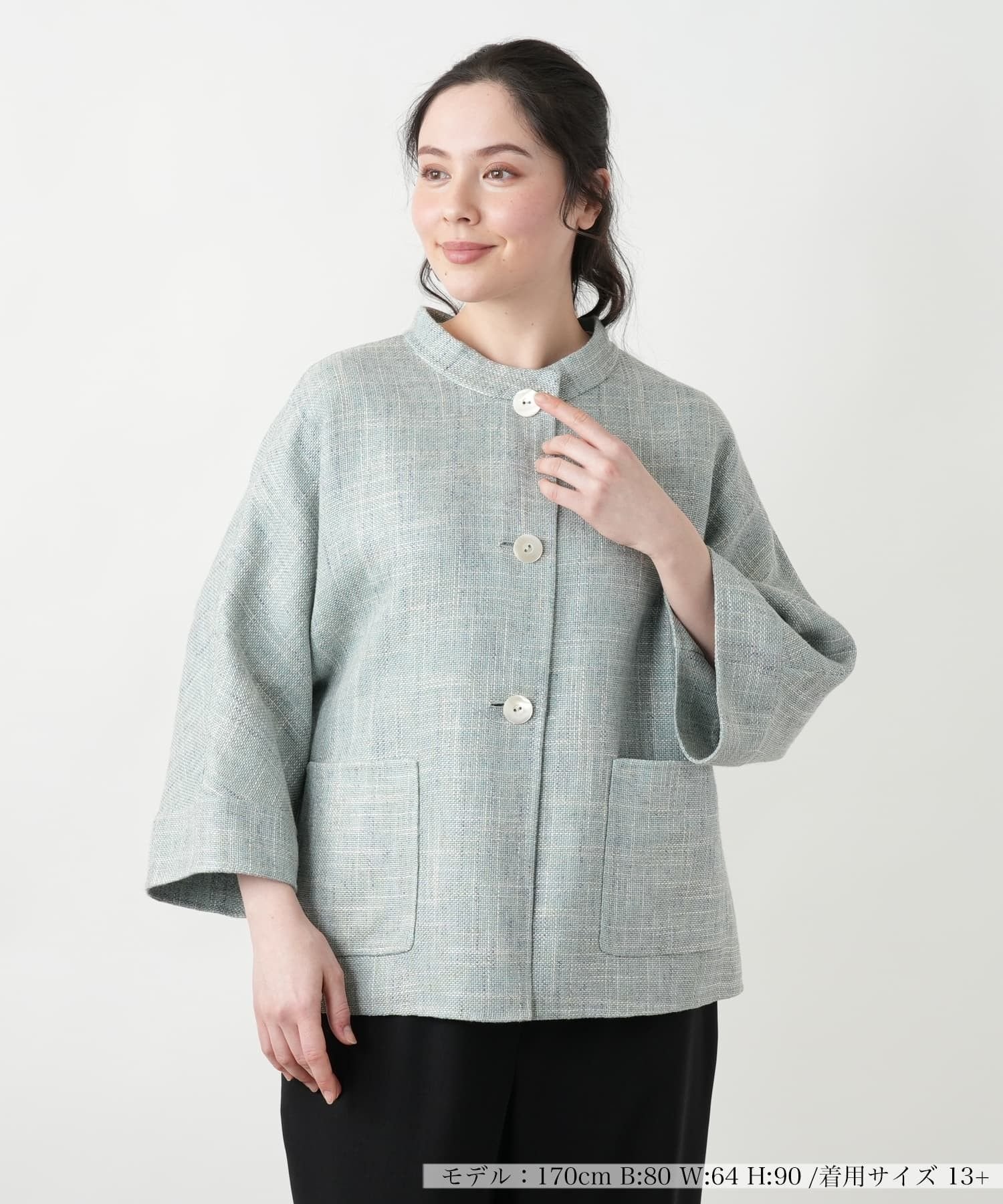 Leilian PLUS HOUSE 【店頭人気】ノーカラージャケット【STEFANONI】 レリアン プラスハウス ジャケット・アウター テーラードジャケット・ブレザー グリーン ブルー